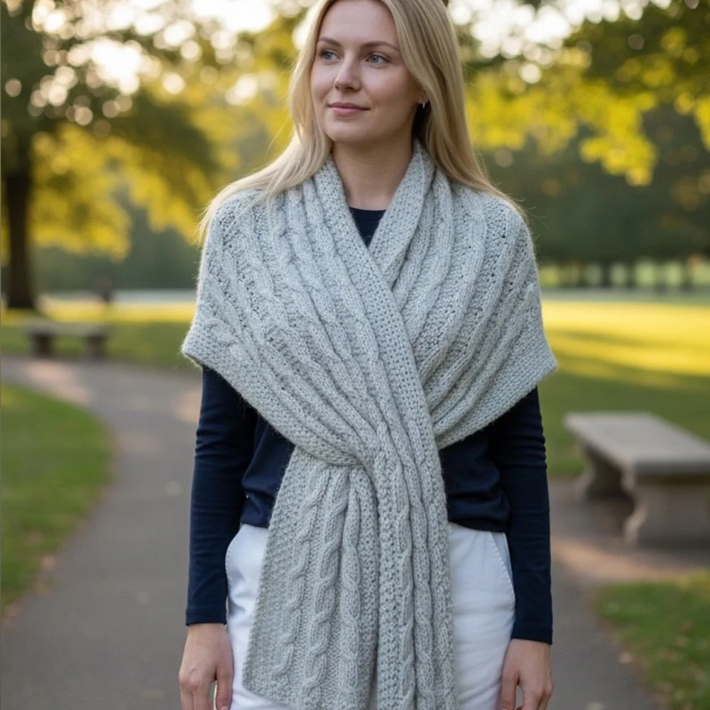 Scarf Hand Crafted Cable Silver Sage Green Oversize Elegant Knit Long Wrap r - Picture 4 of 14